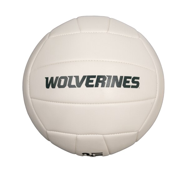 Size 5 white volley ball with a mascot logo on one side and “Wolverines” on another side